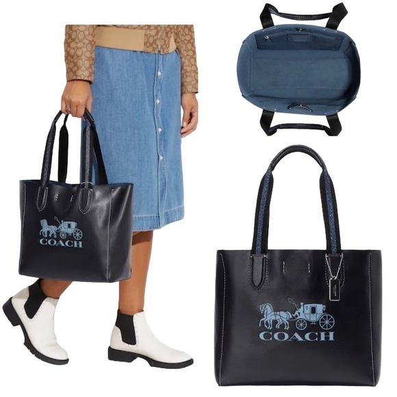 NWT COACH Derby Tote Leather Horse And Carriage Print In Silver/Midnight Navy - Picture 1 of 15